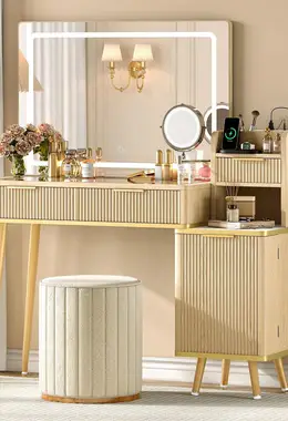 Fluted Glass Top Makeup Table Vanity Desk with 5X Magnifying Mirror