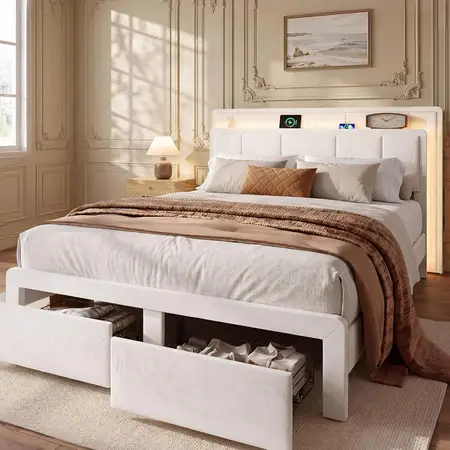 Full Size Bed Frame with Layered Upholstered Headboard