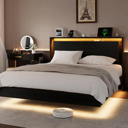 Full Size Bed Frame with LED Lights Charging Station