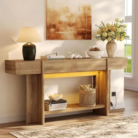 Long Console Table 2 Drawer Entryway Table with Colorful LED Lights
