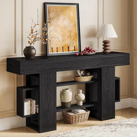 Modern Wooden Sofa Table Behind Couch with 3-Tier Storage Shelf