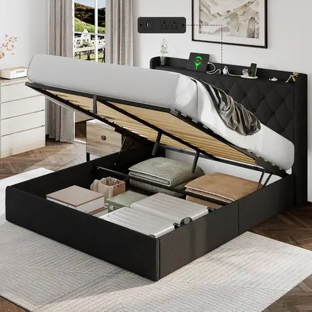 Queen Lift Up Storage Bed Frame with Headboard